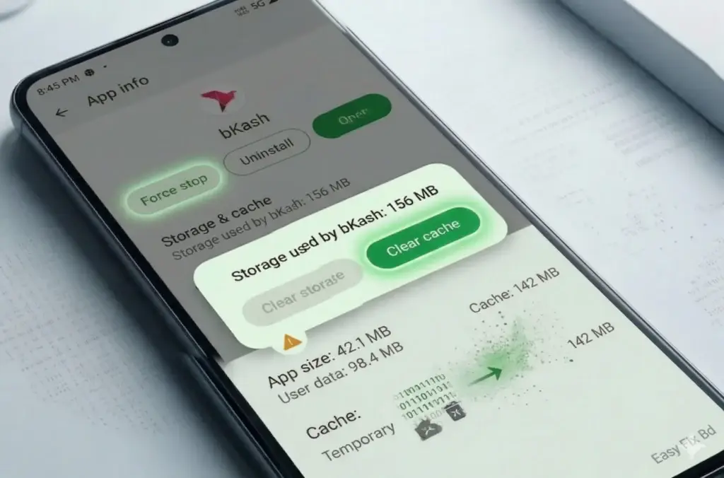 Visual tutorial on how to fix bKash system busy problem 2026 by clearing cache and force stopping