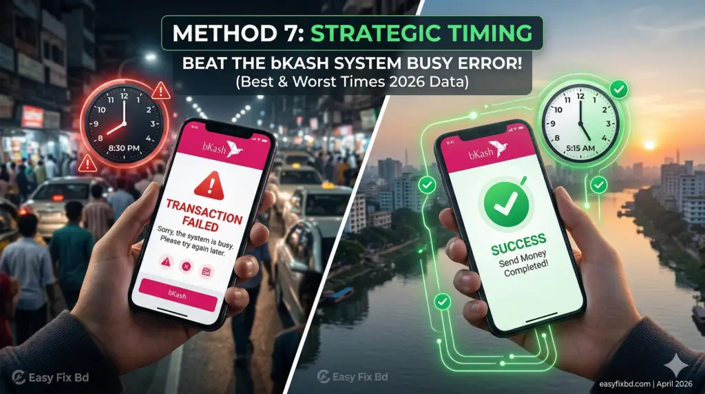 A thumbnail illustration demonstrating how to fix bKash system busy problem 2026 by contrasting peak hours (8:30 PM, failed transaction) with off-peak hours (5:15 AM, success)