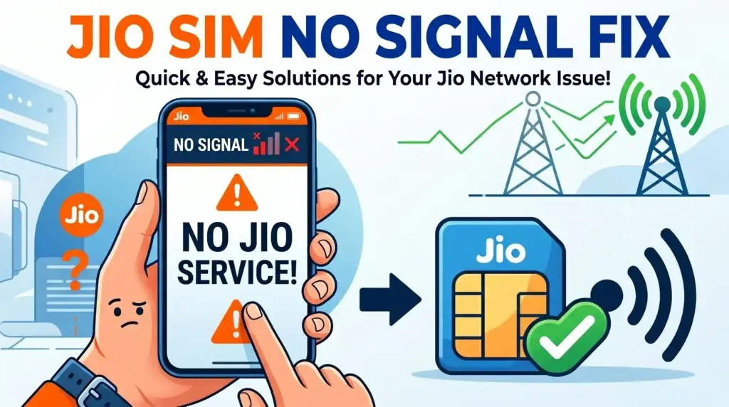 Troubleshooting guide illustration for Jio SIM No Signal Fix or no service issues on a smartphone.