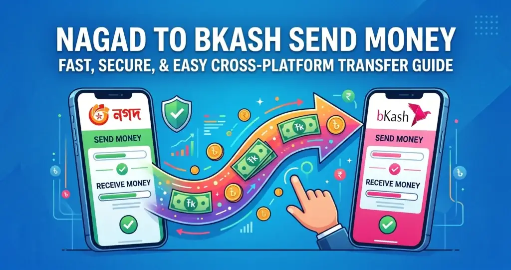 Illustration demonstrating the steps for a successful Nagad to bKash Send Money transfer.