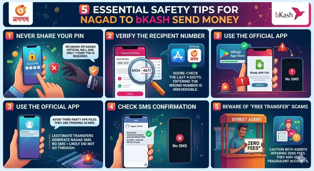 Infographic showing 5 essential safety tips for Nagad to bKash Send Money transactions, including PIN security and scam prevention.