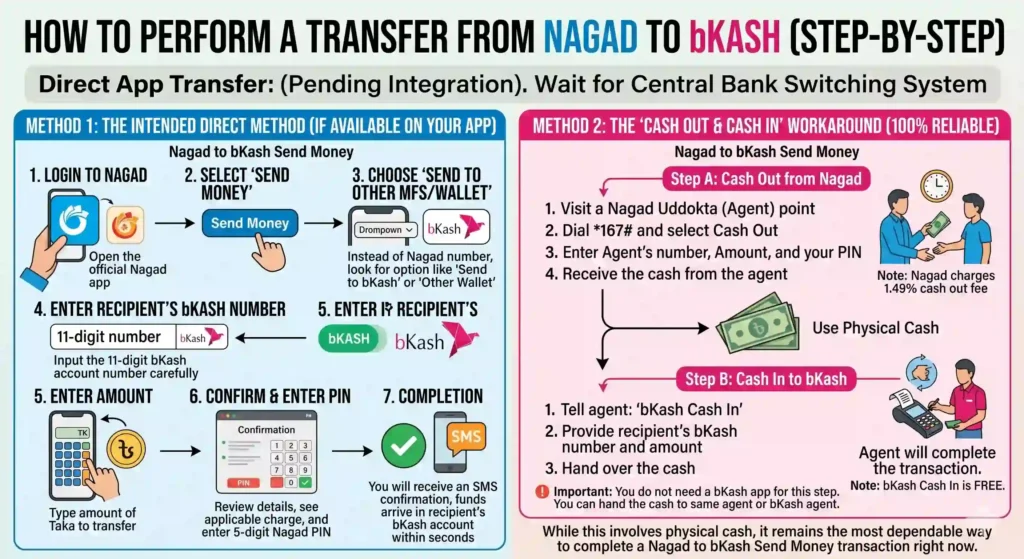 Infographic showing the step-by-step process for Nagad to bKash Send Money using the direct app method and the agent workaround.