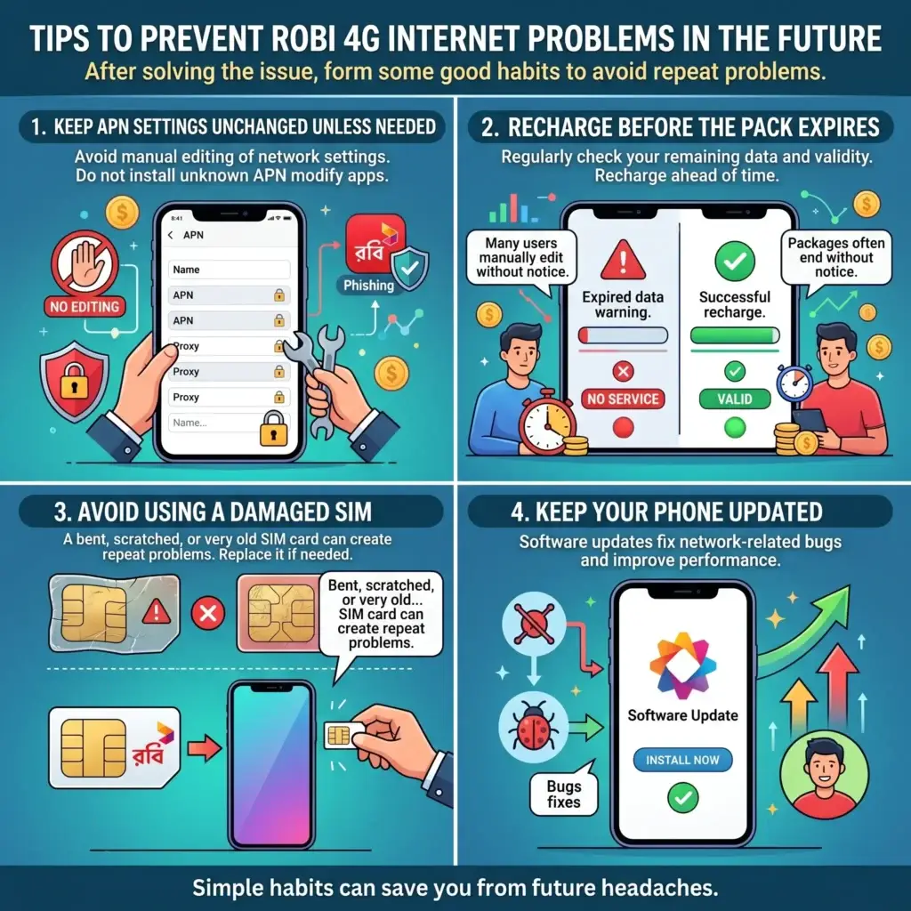 Infographic illustrating 4 tips to prevent Robi 4G internet problems, including APN settings, data recharge, SIM card maintenance, and software updates.