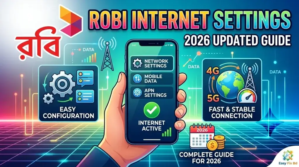 Featured thumbnail for Robi Internet Settings 2026 updated guide showing 4G and 5G configuration on a smartphone.