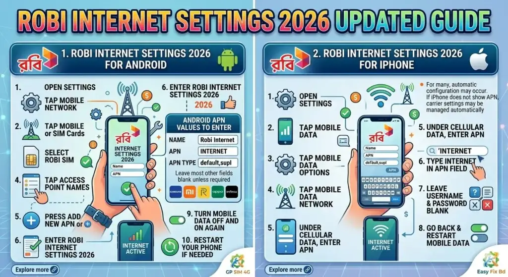 Step-by-step infographic guide for Robi Internet Settings 2026 on Android and iPhone devices.