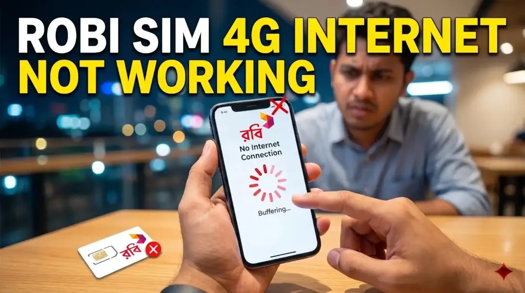 Troubleshooting Robi SIM 4G internet not working issues with a smartphone showing a connection error and buffering icon.