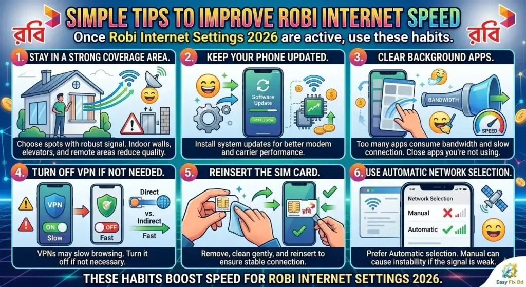 An infographic with six simple tips to improve Robi internet speed, including staying in a strong coverage area, keeping the phone updated, clearing background apps, turning off VPN, reinserting the SIM card, and using automatic network selection.