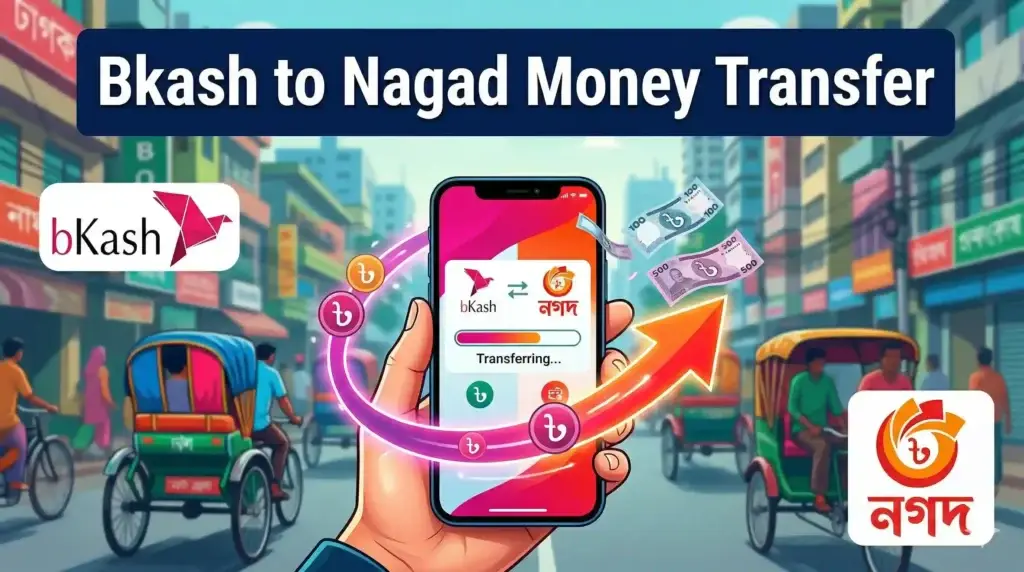Illustration showing bKash to Nagad money transfer process with 2026 fees and limits on a mobile screen